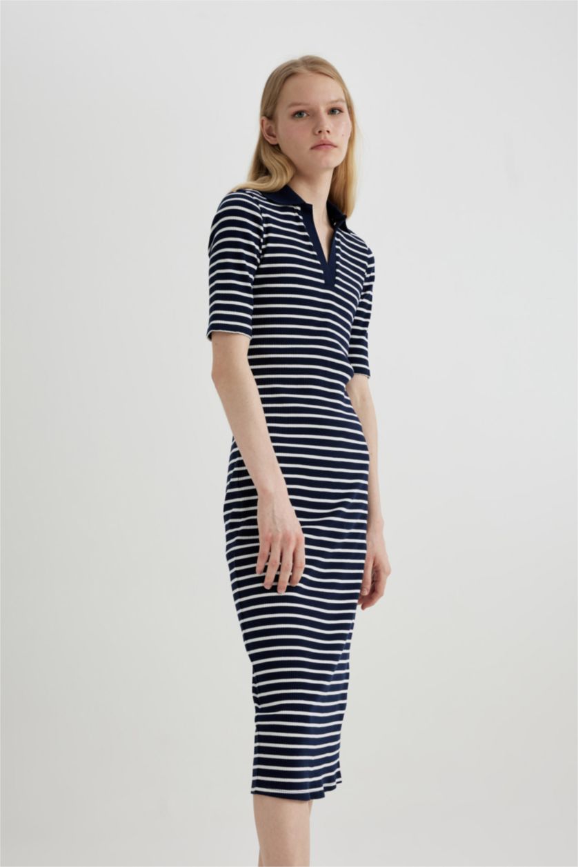 WOMAN NAVY Bodycon Polo Neck Striped Ribbed Camisole Midi Dress