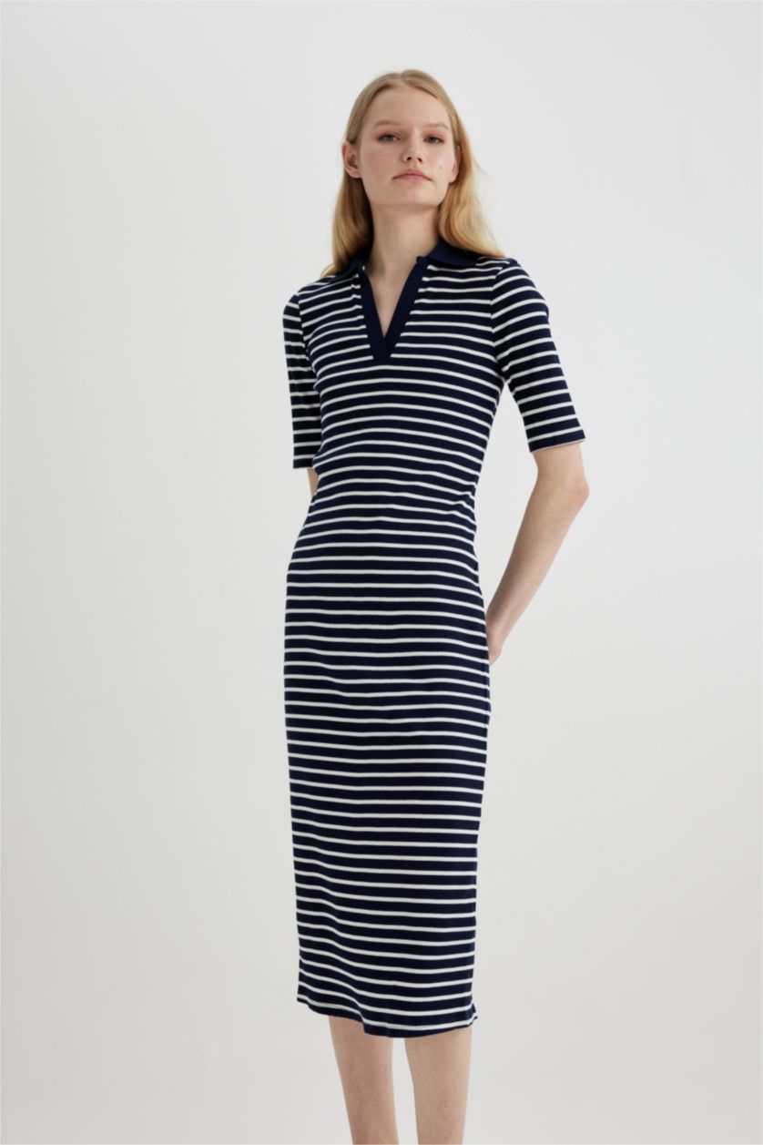 WOMAN NAVY Bodycon Polo Neck Striped Ribbed Camisole Midi Dress