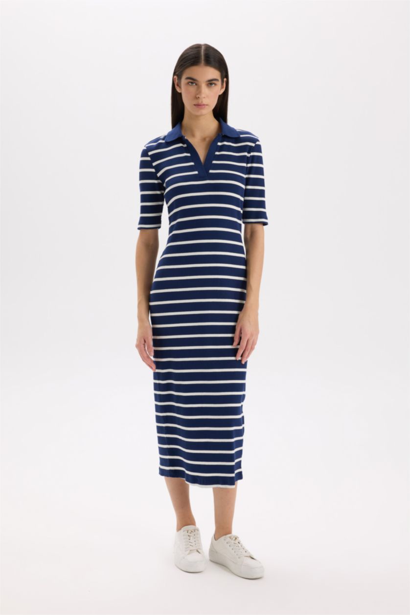 Әйелдерге әскери-теңіз тығыз көйлек жолақ поло жаға қысқа жеңді Қысқа жеңді трикотаж көйлек