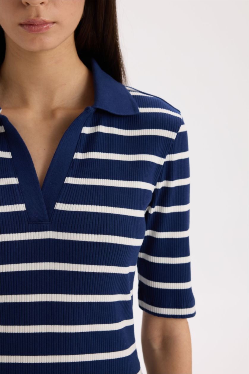 Әйелдерге әскери-теңіз тығыз көйлек жолақ поло жаға қысқа жеңді Қысқа жеңді трикотаж көйлек