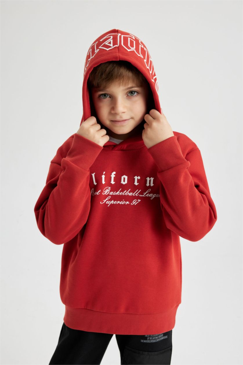 Young Boys - Teen Boys Dark Orange Boy Hooded Printed Thick Sweatshirt