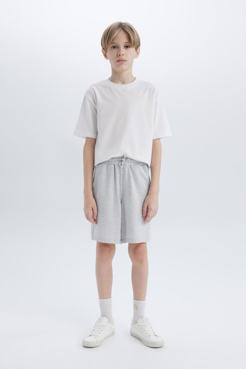 Erkek Çocuk - Genç Erkek Optik Gri Melanj Beli Lastikli Pike Şort Erkek Çocuk