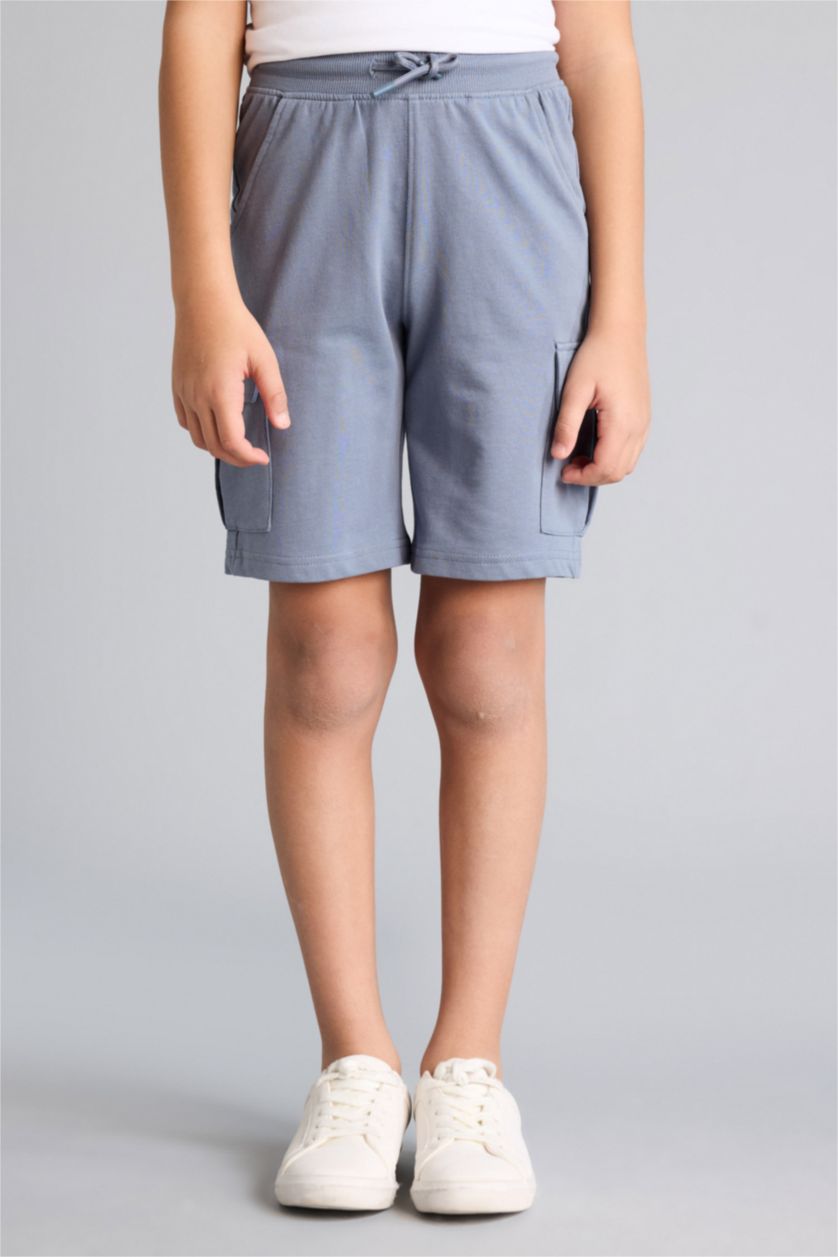 Erkek Çocuk - Genç Erkek Gri Beli Lastikli Kargo Cepli Şort Erkek Çocuk