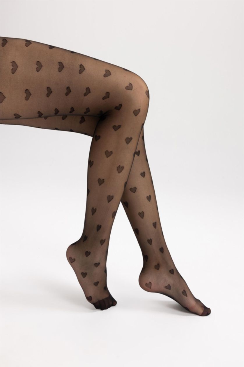 WOMAN Black 15 Den Women Heart Patterned Pantyhose