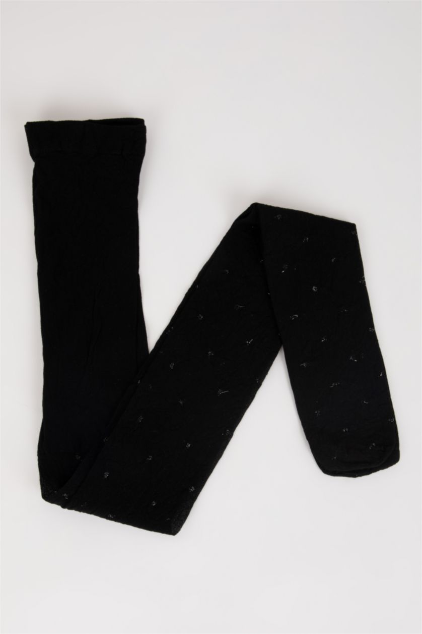 Woman Black 15 Den Woman Glittery Heart Printed Pantyhose