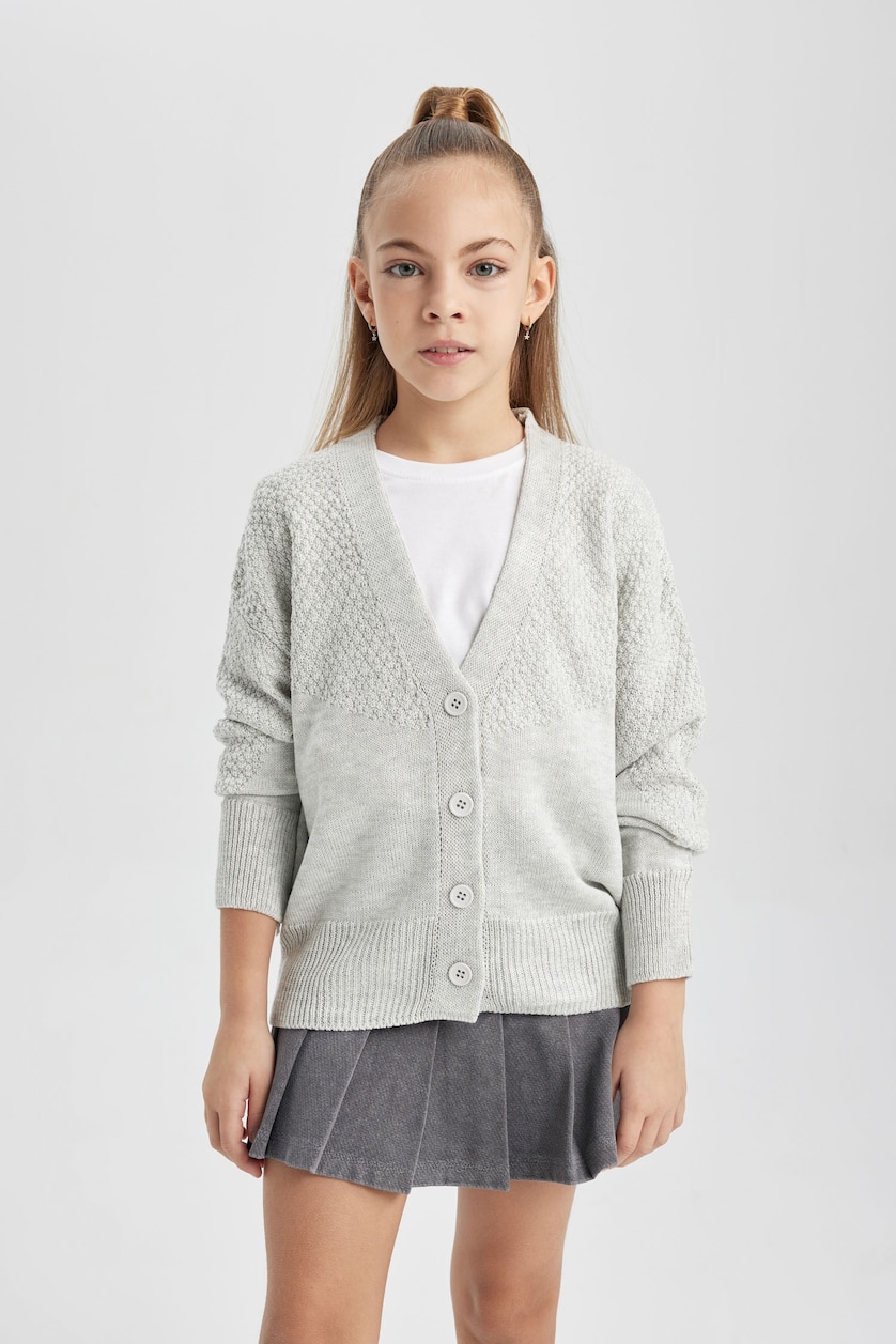 Young Girls - Teen Girls Light Grey Regular Fit V-Neck Cardigan