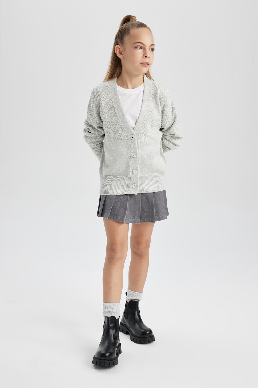 Young Girls - Teen Girls Light Grey Regular Fit V-Neck Cardigan