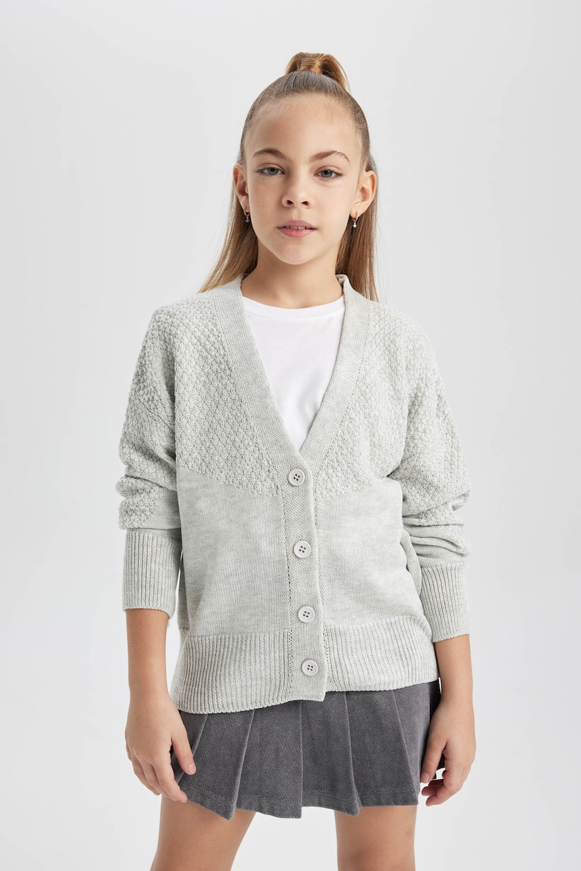 Young Girls - Teen Girls Light Grey Regular Fit V-Neck Cardigan