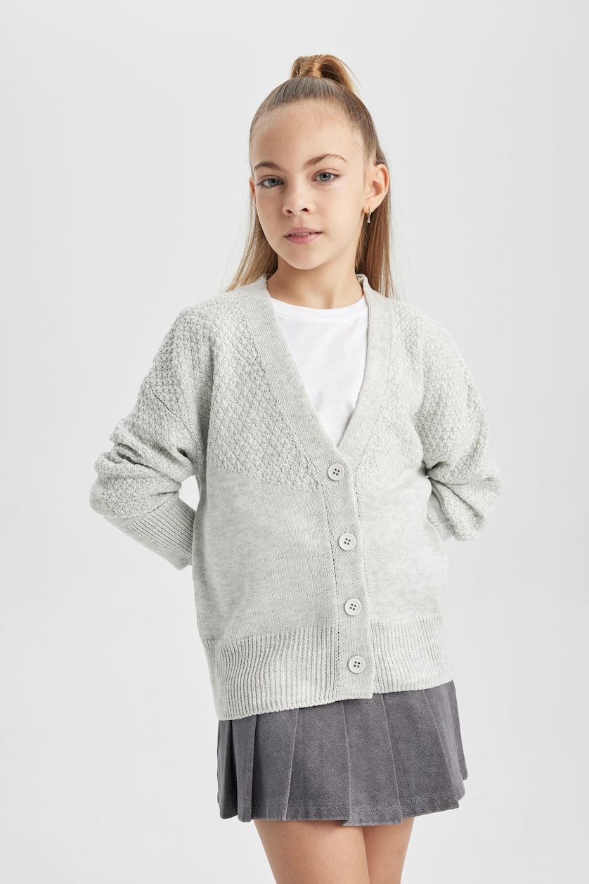 Young Girls - Teen Girls Light Grey Regular Fit V-Neck Cardigan