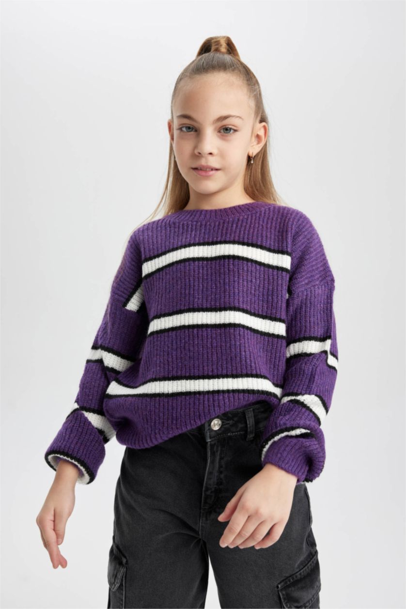 Girls & Teens Lilac Girl Crew Neck Striped Knitted Pullover