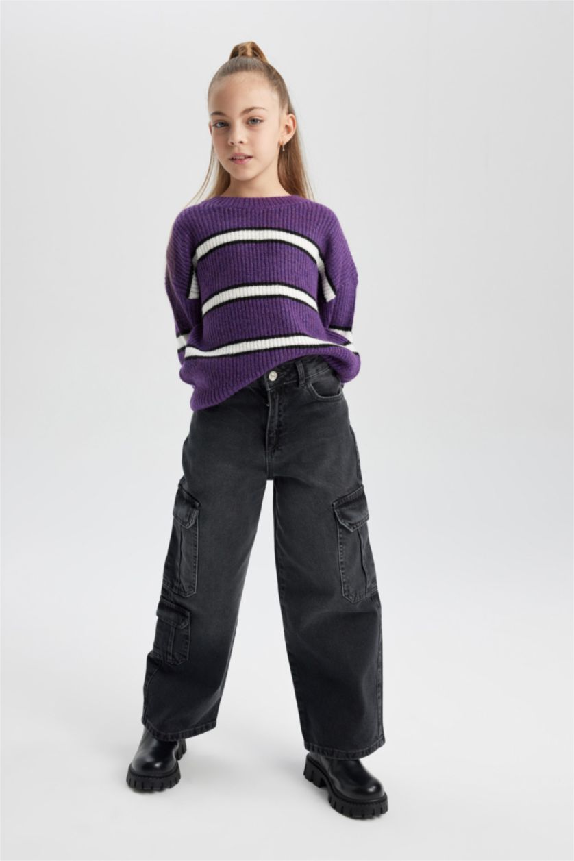 Girls & Teens Lilac Girl Crew Neck Striped Knitted Pullover
