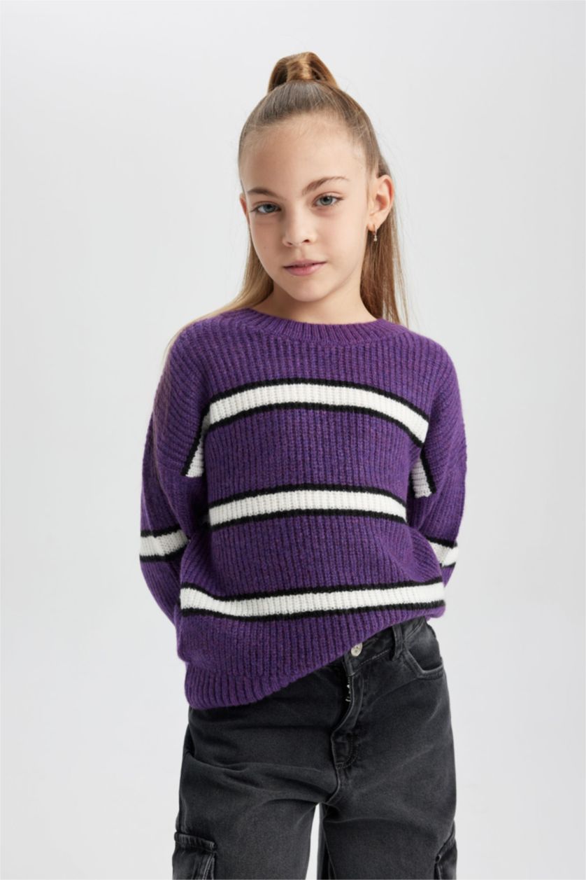 Girls & Teens Lilac Girl Crew Neck Striped Knitted Pullover
