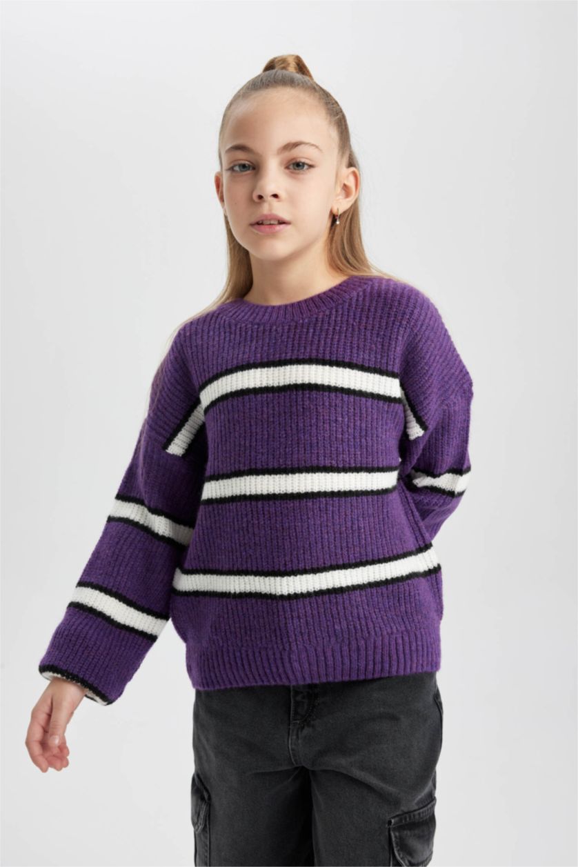 Girls & Teens Lilac Girl Crew Neck Striped Knitted Pullover