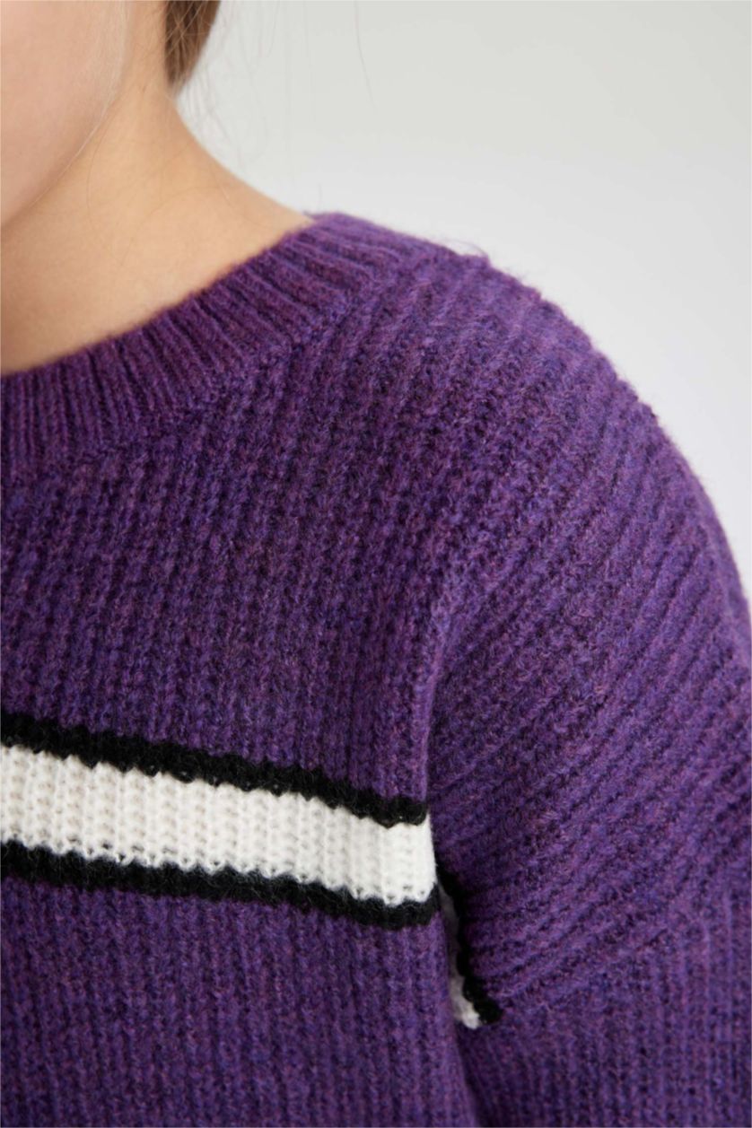 Girls & Teens Lilac Girl Crew Neck Striped Knitted Pullover