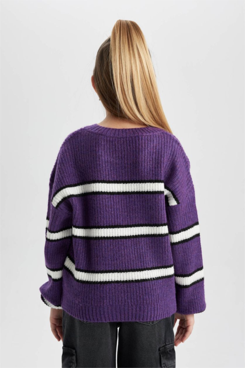 Girls & Teens Lilac Girl Crew Neck Striped Knitted Pullover