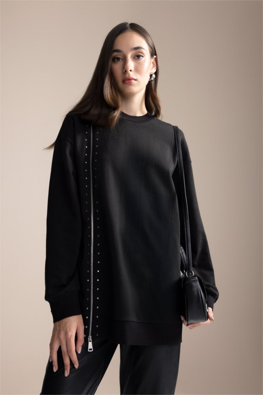 WOMAN Black Regular Fit Thin Sweatshirt Fabric Sweat Tunic