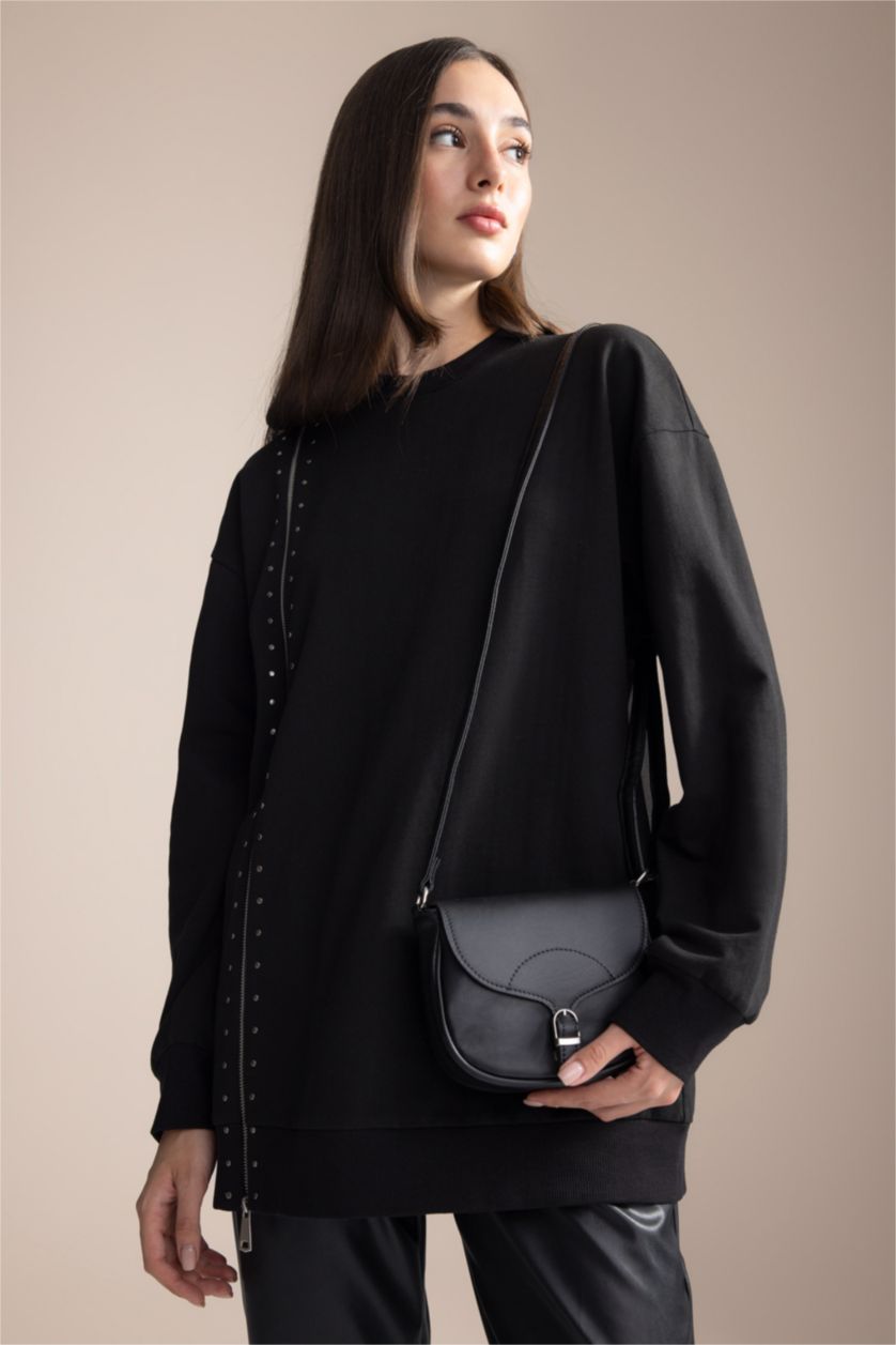 WOMAN Black Regular Fit Thin Sweatshirt Fabric Sweat Tunic