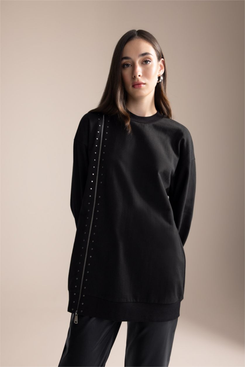 WOMAN Black Regular Fit Thin Sweatshirt Fabric Sweat Tunic