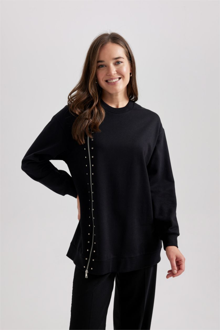 WOMAN Black Regular Fit Thin Sweatshirt Fabric Sweat Tunic