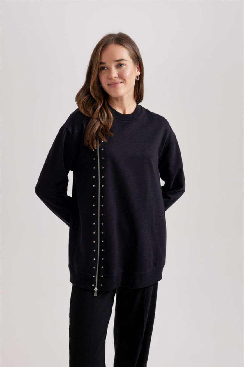 WOMAN Black Regular Fit Thin Sweatshirt Fabric Sweat Tunic