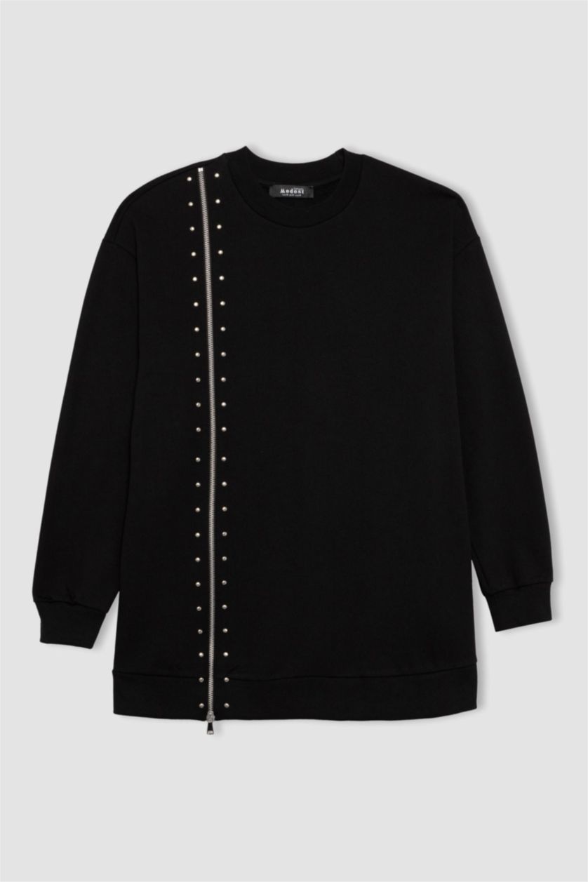 WOMAN Black Regular Fit Thin Sweatshirt Fabric Sweat Tunic