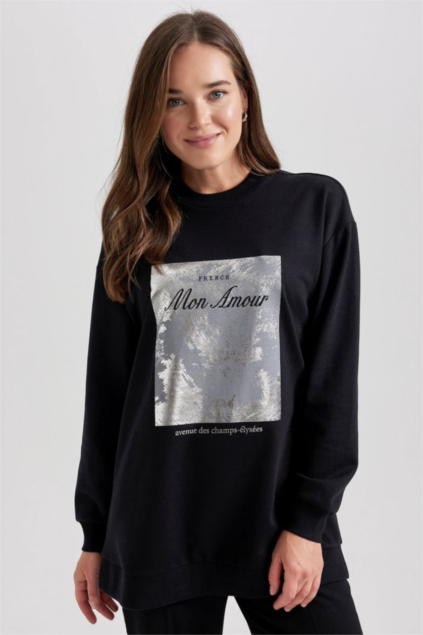 WOMAN Black Regular Fit Thin Sweatshirt Fabric Sweat Tunic