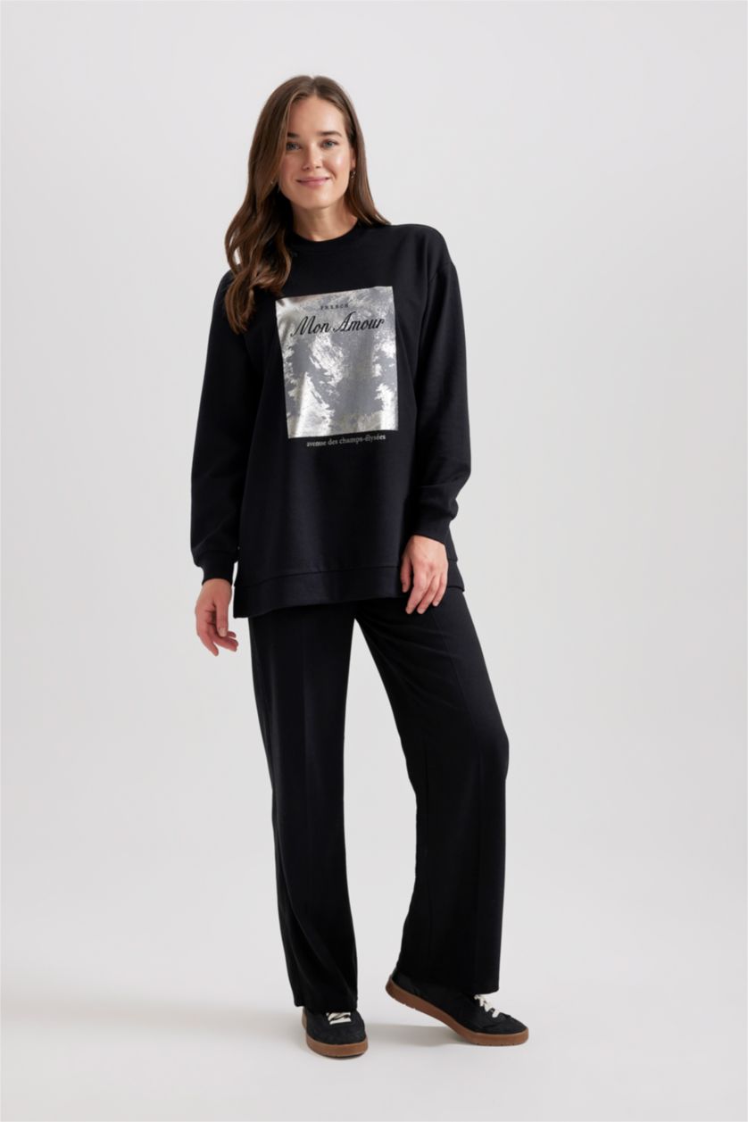 WOMAN Black Regular Fit Thin Sweatshirt Fabric Sweat Tunic