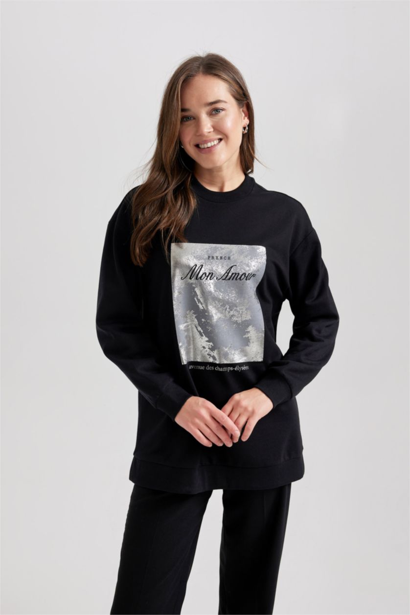 WOMAN Black Regular Fit Thin Sweatshirt Fabric Sweat Tunic