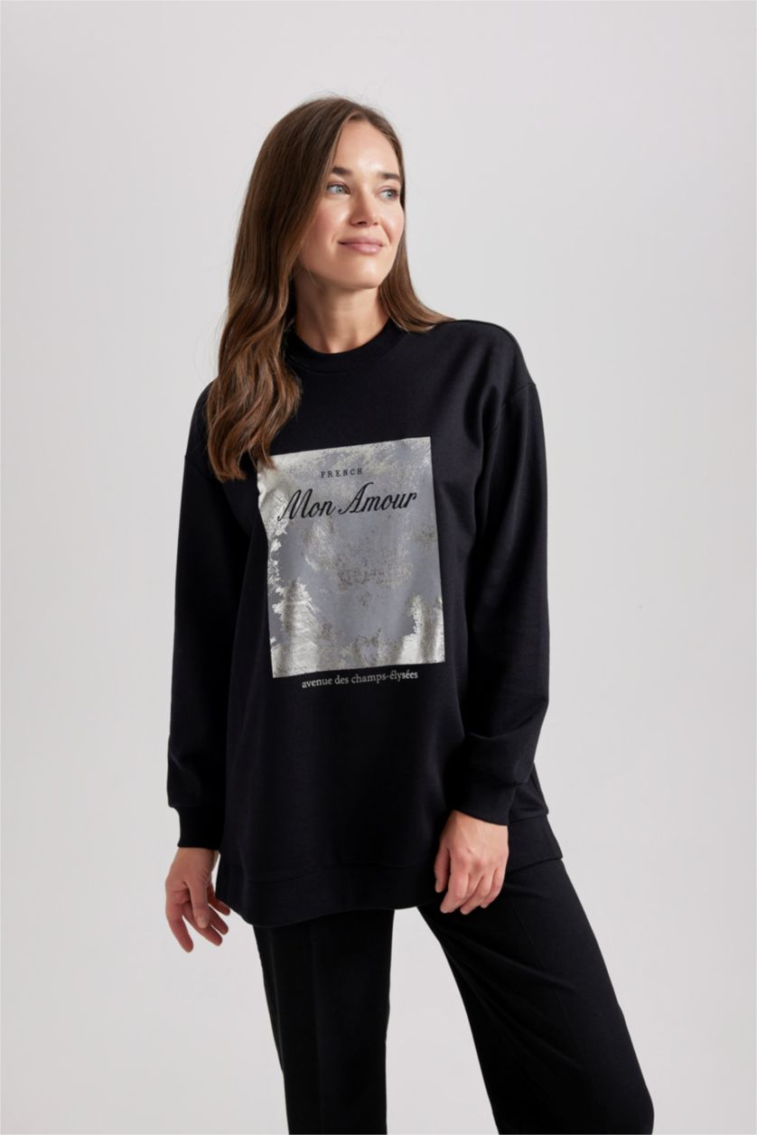 WOMAN Black Regular Fit Thin Sweatshirt Fabric Sweat Tunic