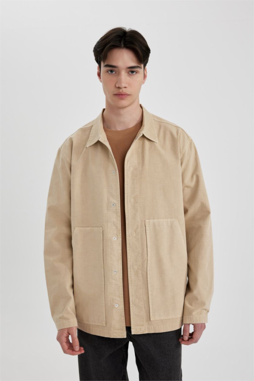 رجالي بيج قميص كم طويل قطن قصة مريحة