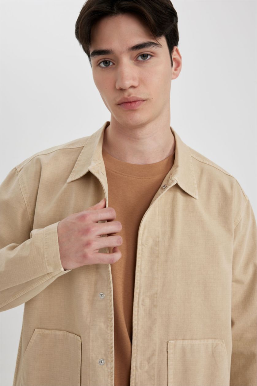 رجالي بيج قميص كم طويل قطن قصة مريحة