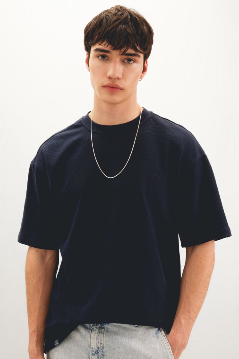 Erkek Lacivert Comfort Regular Fit Rahat Kalıp Bisiklet Yaka Baskılı Kısa Kollu Tişört