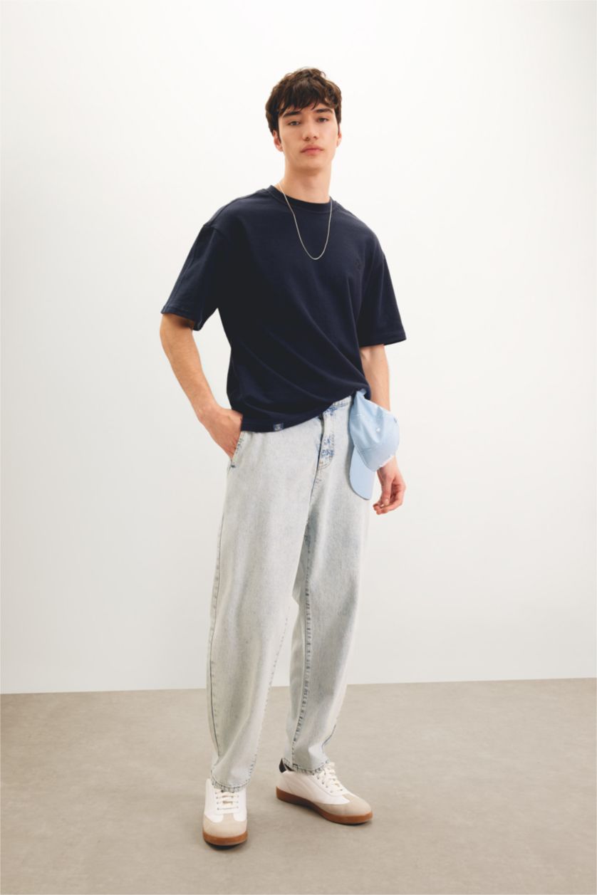 Erkek Lacivert Comfort Regular Fit Rahat Kalıp Bisiklet Yaka Baskılı Kısa Kollu Tişört