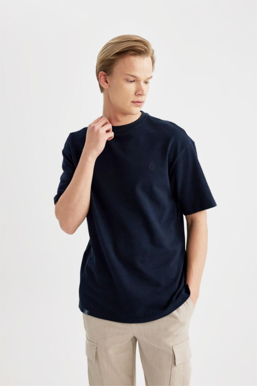 Erkek Lacivert Comfort Regular Fit Rahat Kalıp Bisiklet Yaka Baskılı Kısa Kollu Tişört