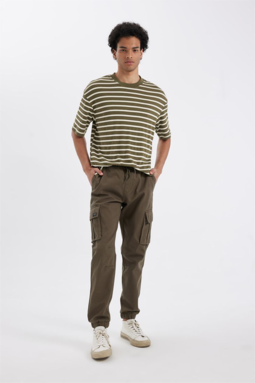Erkek Haki Boxy Fit Bisiklet Yaka Çizgili Kısa Kollu Ağır Kumaş Tişört