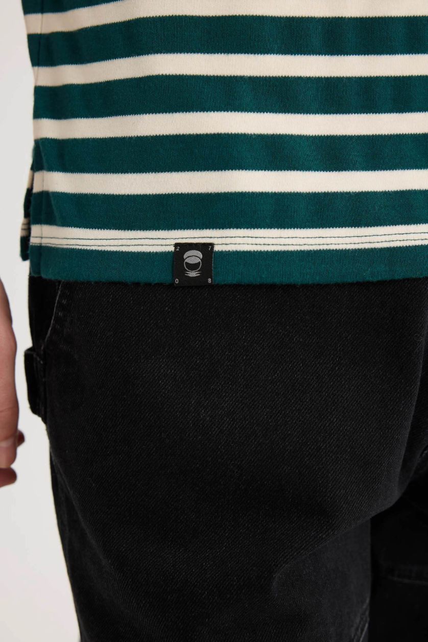 Erkek Haki Boxy Fit Bisiklet Yaka Çizgili Kısa Kollu Ağır Kumaş Tişört