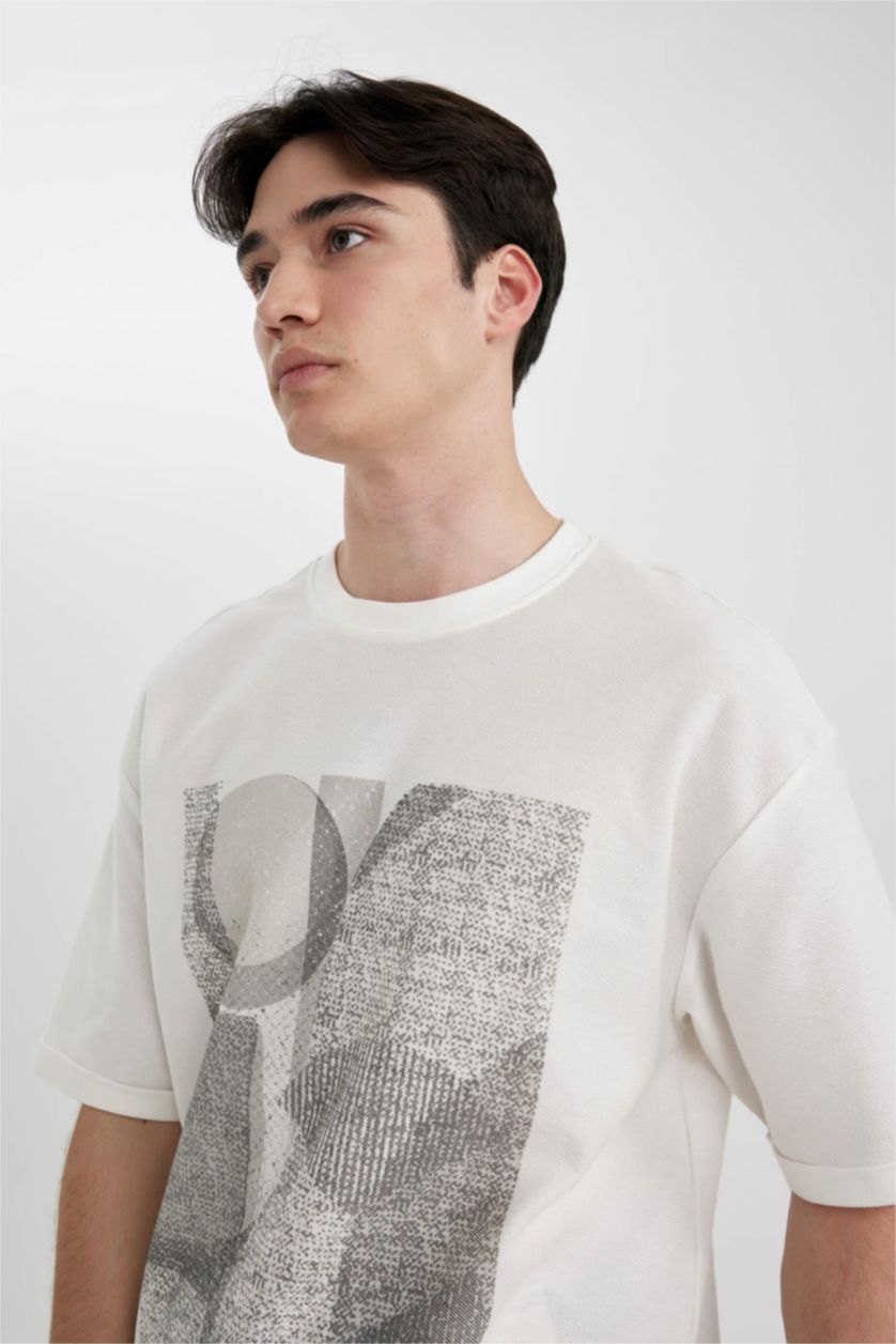 رجال بيج فاتح تي شيرت مطبوع قصة مريحة بياخة مستديرة