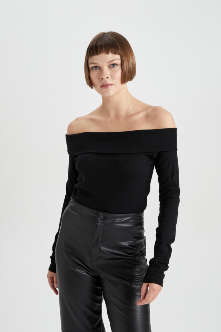 WOMAN Black Slim Fit Off Shoulder Camisole Long Sleeve T-Shirt