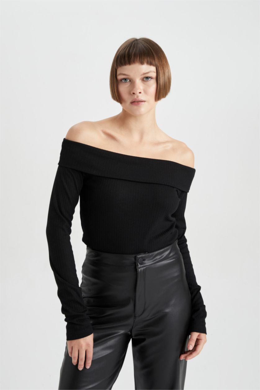 WOMAN Black Slim Fit Off Shoulder Camisole Long Sleeve T-Shirt