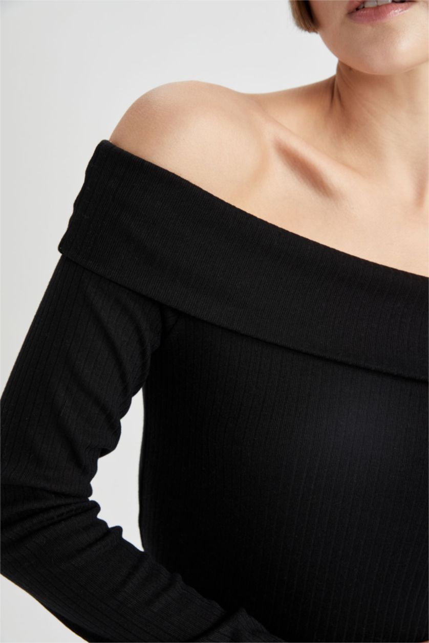 WOMAN Black Slim Fit Off Shoulder Camisole Long Sleeve T-Shirt
