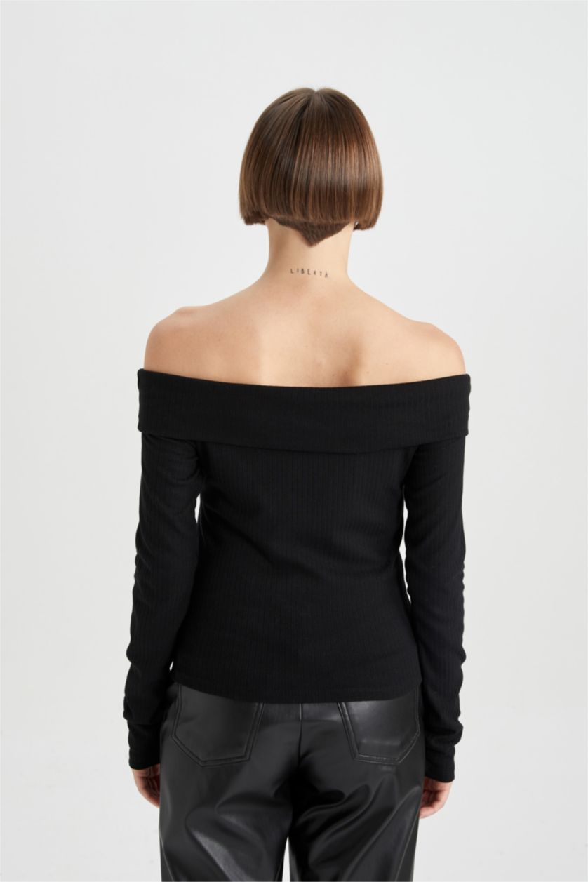 WOMAN Black Slim Fit Off Shoulder Camisole Long Sleeve T-Shirt