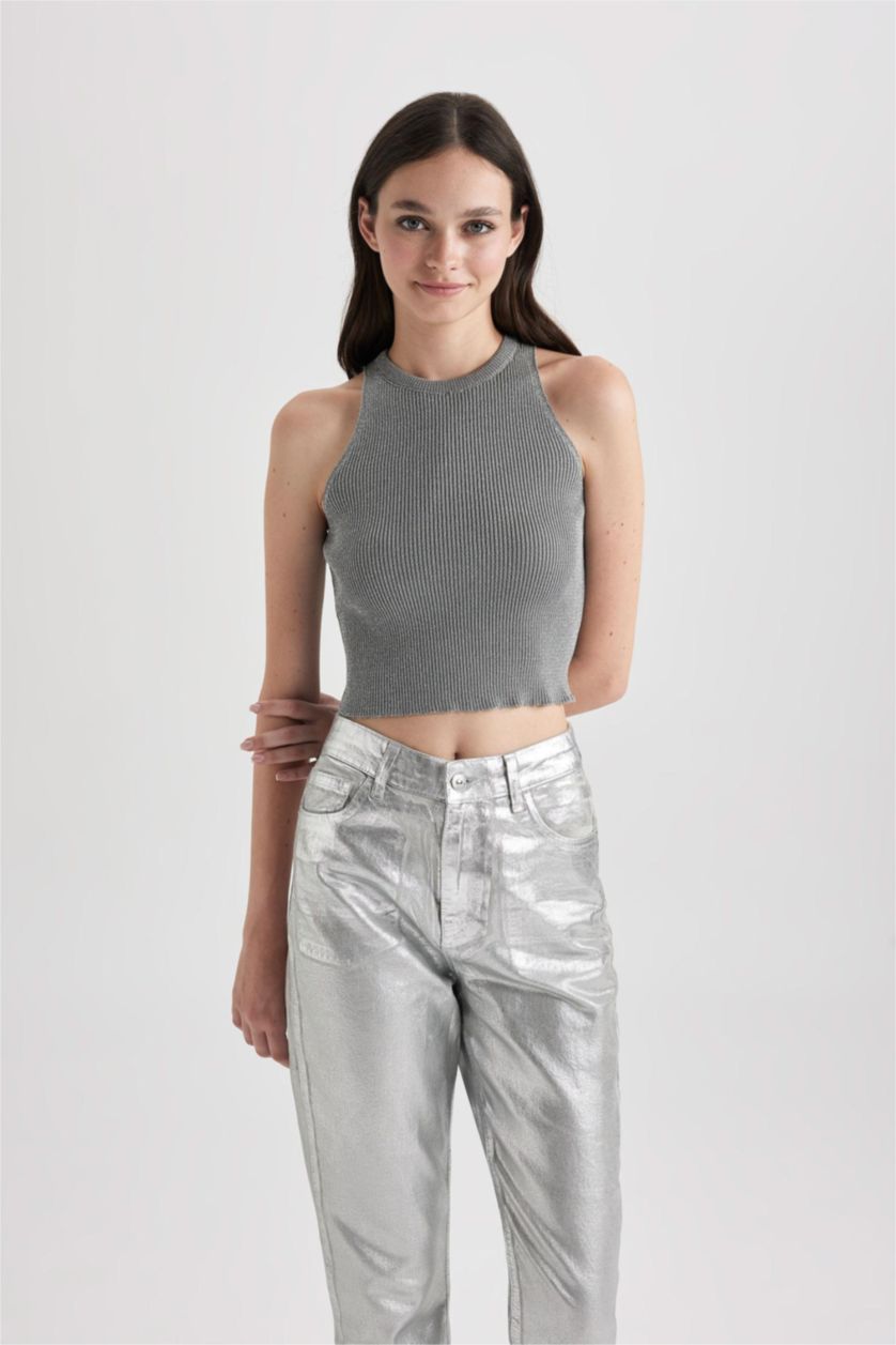 Kadın Açık Gri Melange Fitted Halter Yaka Parlak Kumaş Crop Atlet