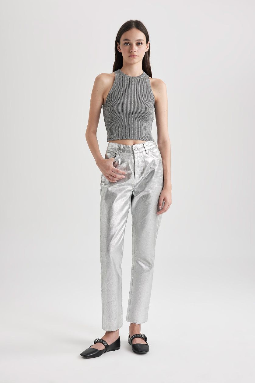 Kadın Açık Gri Melange Fitted Halter Yaka Parlak Kumaş Crop Atlet