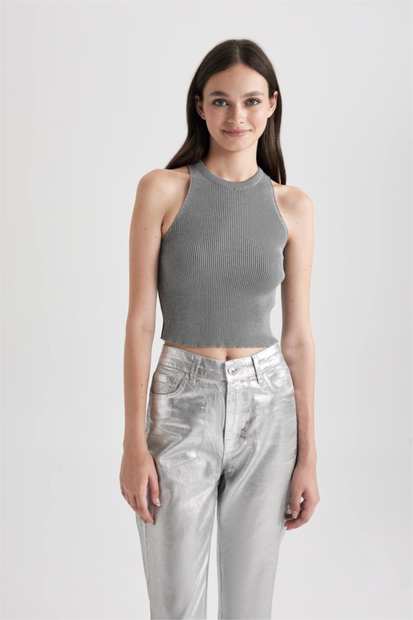 Kadın Açık Gri Melange Fitted Halter Yaka Parlak Kumaş Crop Atlet