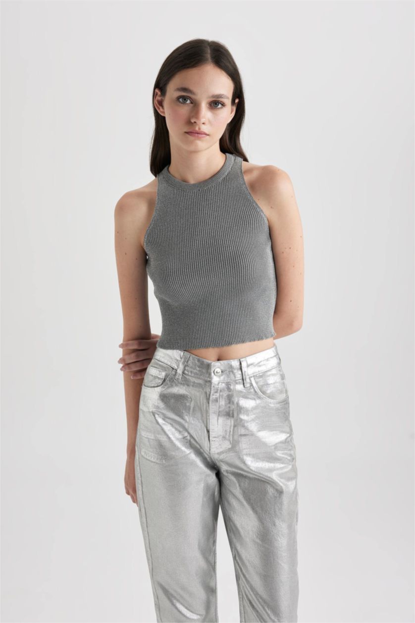 Kadın Açık Gri Melange Fitted Halter Yaka Parlak Kumaş Crop Atlet