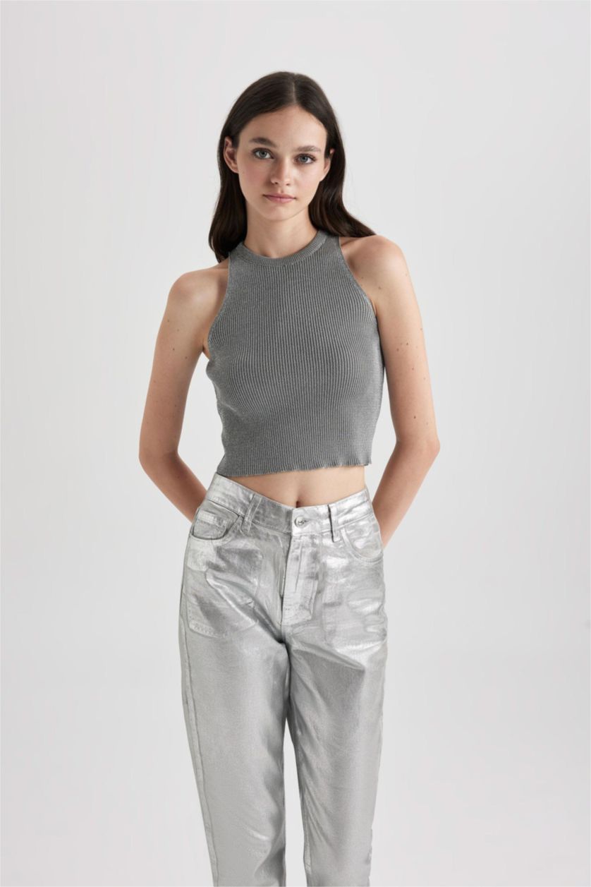 Kadın Açık Gri Melange Fitted Halter Yaka Parlak Kumaş Crop Atlet