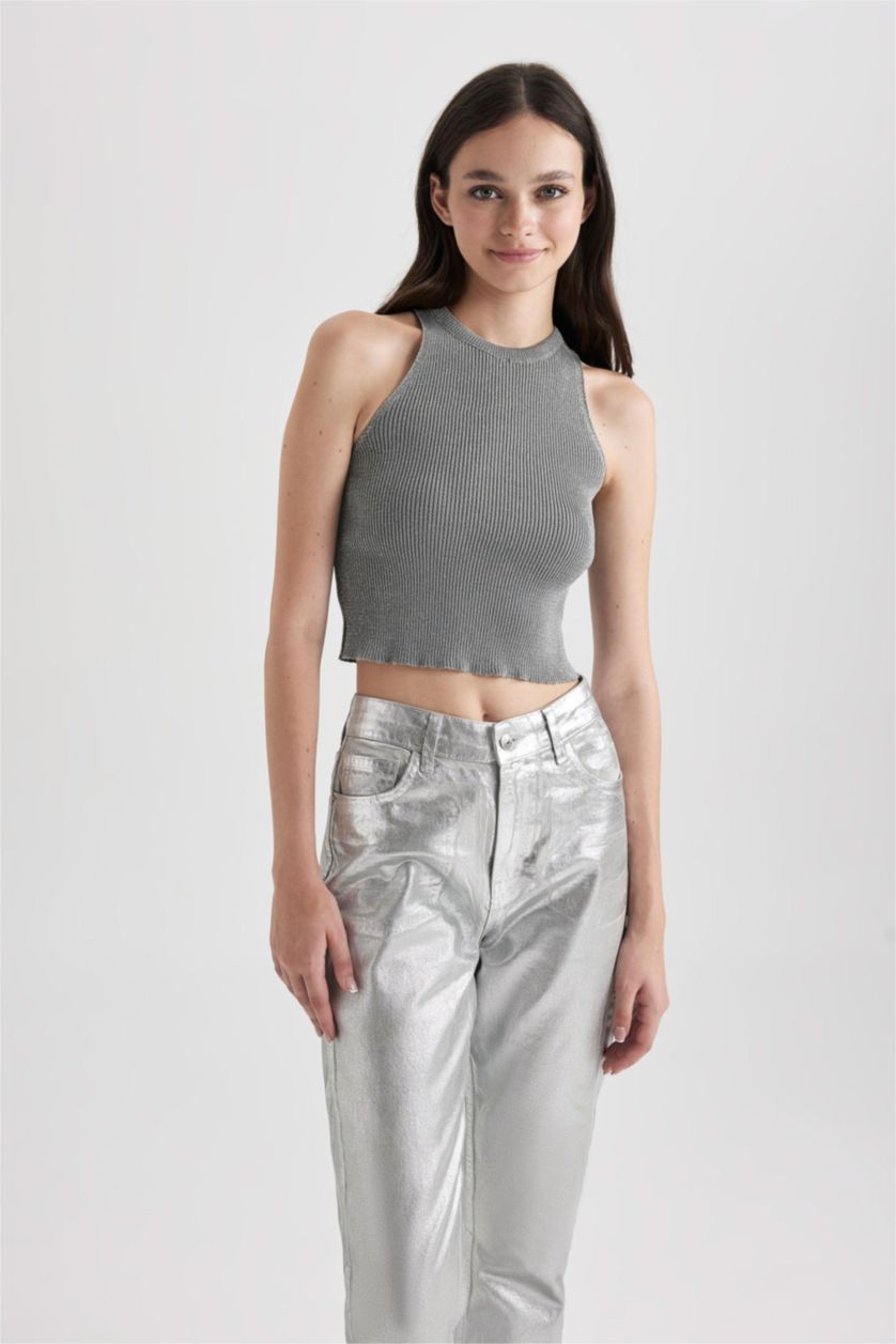 Kadın Açık Gri Melange Fitted Halter Yaka Parlak Kumaş Crop Atlet