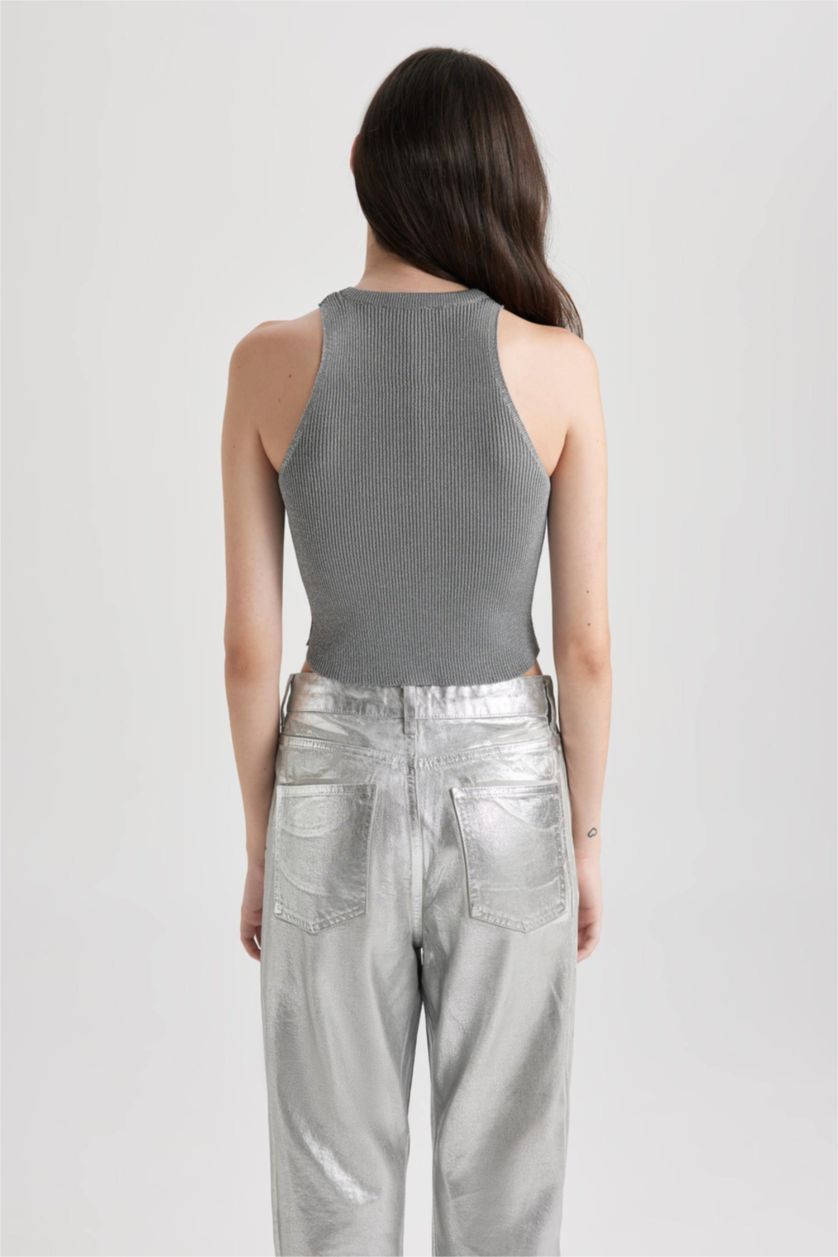 Kadın Açık Gri Melange Fitted Halter Yaka Parlak Kumaş Crop Atlet