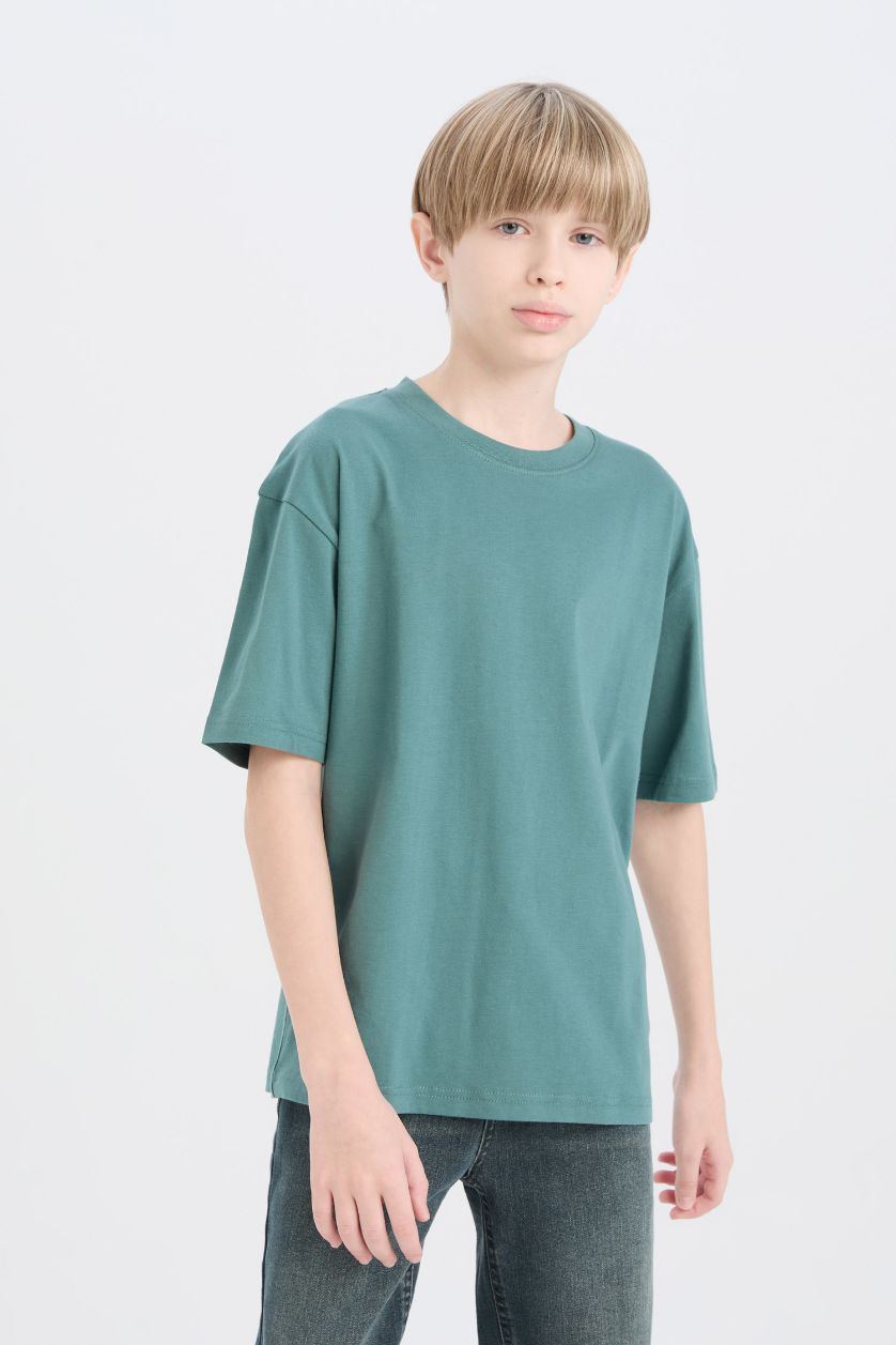 Boys & Teens Green Boy Oversize Crew Neck Basic T-Shirt