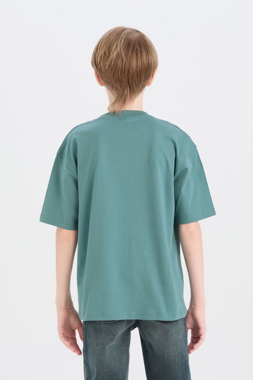Boys & Teens Green Boy Oversize Crew Neck Basic T-Shirt